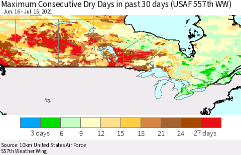 Canada Maximum Consecutive Dry Days in past 30 days (USAF 557th WW) 07/15/2021 Thematic Map For 7/11/2021 - 7/15/2021