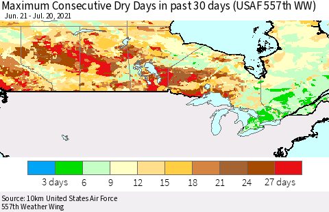 Canada Maximum Consecutive Dry Days in past 30 days (USAF 557th WW) 07/20/2021 Thematic Map For 7/16/2021 - 7/20/2021