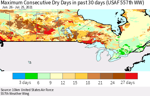 Canada Maximum Consecutive Dry Days in past 30 days (USAF 557th WW) 07/25/2021 Thematic Map For 7/21/2021 - 7/25/2021