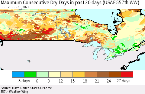 Canada Maximum Consecutive Dry Days in past 30 days (USAF 557th WW) 07/31/2021 Thematic Map For 7/26/2021 - 7/31/2021