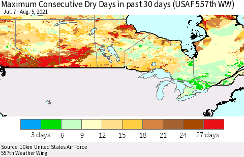 Canada Maximum Consecutive Dry Days in past 30 days (USAF 557th WW) 08/05/2021 Thematic Map For 8/1/2021 - 8/5/2021