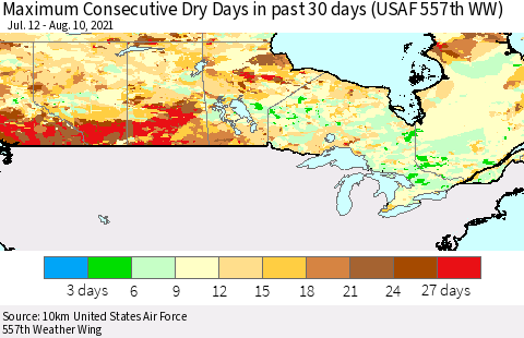 Canada Maximum Consecutive Dry Days in past 30 days (USAF 557th WW) 08/10/2021 Thematic Map For 8/6/2021 - 8/10/2021
