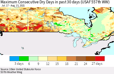 Canada Maximum Consecutive Dry Days in past 30 days (USAF 557th WW) 08/15/2021 Thematic Map For 8/11/2021 - 8/15/2021