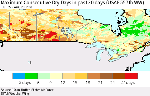 Canada Maximum Consecutive Dry Days in past 30 days (USAF 557th WW) 08/20/2021 Thematic Map For 8/16/2021 - 8/20/2021