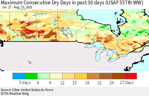 Canada Maximum Consecutive Dry Days in past 30 days (USAF 557th WW) 08/25/2021 Thematic Map For 8/21/2021 - 8/25/2021