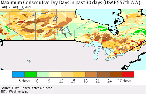 Canada Maximum Consecutive Dry Days in past 30 days (USAF 557th WW) 08/31/2021 Thematic Map For 8/26/2021 - 8/31/2021