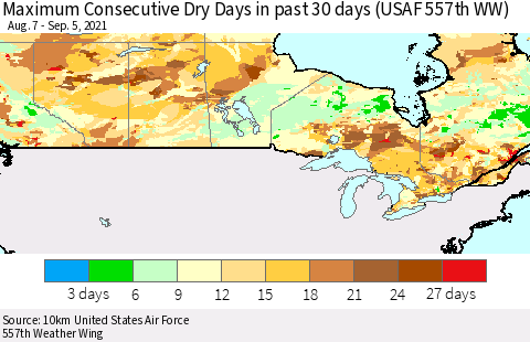 Canada Maximum Consecutive Dry Days in past 30 days (USAF 557th WW) 09/05/2021 Thematic Map For 9/1/2021 - 9/5/2021