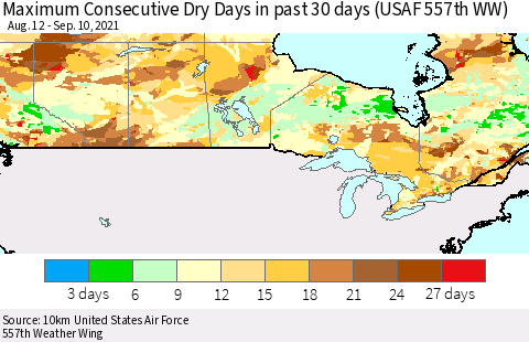 Canada Maximum Consecutive Dry Days in past 30 days (USAF 557th WW) 09/10/2021 Thematic Map For 9/6/2021 - 9/10/2021