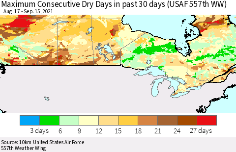 Canada Maximum Consecutive Dry Days in past 30 days (USAF 557th WW) 09/15/2021 Thematic Map For 9/11/2021 - 9/15/2021