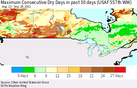 Canada Maximum Consecutive Dry Days in past 30 days (USAF 557th WW) 09/20/2021 Thematic Map For 9/16/2021 - 9/20/2021