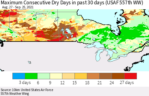 Canada Maximum Consecutive Dry Days in past 30 days (USAF 557th WW) 09/25/2021 Thematic Map For 9/21/2021 - 9/25/2021