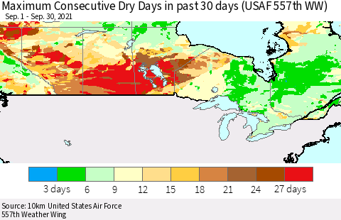 Canada Maximum Consecutive Dry Days in past 30 days (USAF 557th WW) 09/30/2021 Thematic Map For 9/26/2021 - 9/30/2021