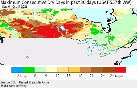 Canada Maximum Consecutive Dry Days in past 30 days (USAF 557th WW) 10/05/2021 Thematic Map For 10/1/2021 - 10/5/2021