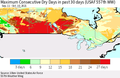 Canada Maximum Consecutive Dry Days in past 30 days (USAF 557th WW) 10/10/2021 Thematic Map For 10/6/2021 - 10/10/2021