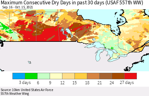 Canada Maximum Consecutive Dry Days in past 30 days (USAF 557th WW) 10/15/2021 Thematic Map For 10/11/2021 - 10/15/2021
