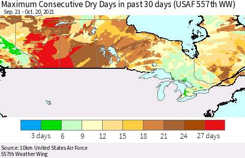 Canada Maximum Consecutive Dry Days in past 30 days (USAF 557th WW) 10/20/2021 Thematic Map For 10/16/2021 - 10/20/2021