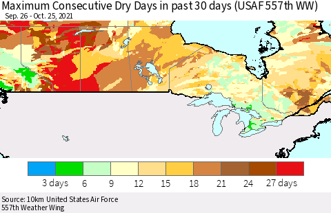 Canada Maximum Consecutive Dry Days in past 30 days (USAF 557th WW) 10/25/2021 Thematic Map For 10/21/2021 - 10/25/2021