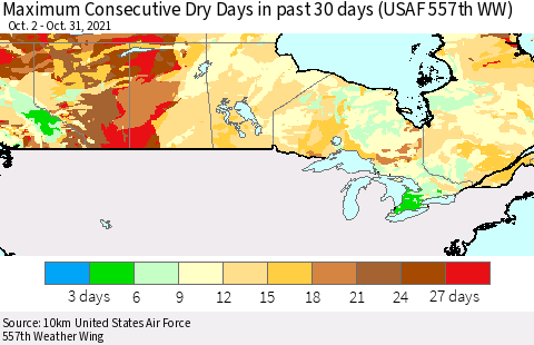 Canada Maximum Consecutive Dry Days in past 30 days (USAF 557th WW) 10/31/2021 Thematic Map For 10/26/2021 - 10/31/2021