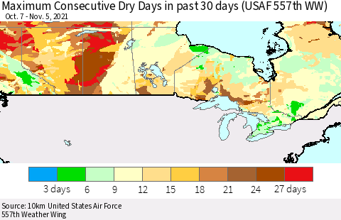 Canada Maximum Consecutive Dry Days in past 30 days (USAF 557th WW) 11/05/2021 Thematic Map For 11/1/2021 - 11/5/2021