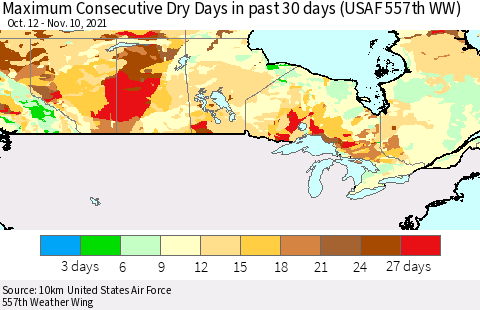 Canada Maximum Consecutive Dry Days in past 30 days (USAF 557th WW) 11/10/2021 Thematic Map For 11/6/2021 - 11/10/2021