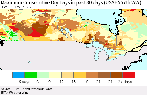 Canada Maximum Consecutive Dry Days in past 30 days (USAF 557th WW) 11/15/2021 Thematic Map For 11/11/2021 - 11/15/2021