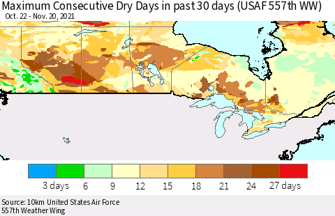 Canada Maximum Consecutive Dry Days in past 30 days (USAF 557th WW) 11/20/2021 Thematic Map For 11/16/2021 - 11/20/2021