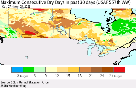 Canada Maximum Consecutive Dry Days in past 30 days (USAF 557th WW) 11/25/2021 Thematic Map For 11/21/2021 - 11/25/2021