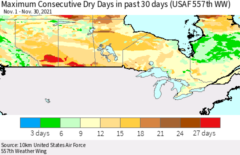 Canada Maximum Consecutive Dry Days in past 30 days (USAF 557th WW) 11/30/2021 Thematic Map For 11/26/2021 - 11/30/2021