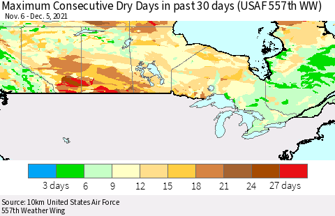 Canada Maximum Consecutive Dry Days in past 30 days (USAF 557th WW) 12/05/2021 Thematic Map For 12/1/2021 - 12/5/2021