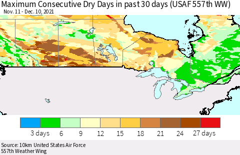 Canada Maximum Consecutive Dry Days in past 30 days (USAF 557th WW) 12/10/2021 Thematic Map For 12/6/2021 - 12/10/2021