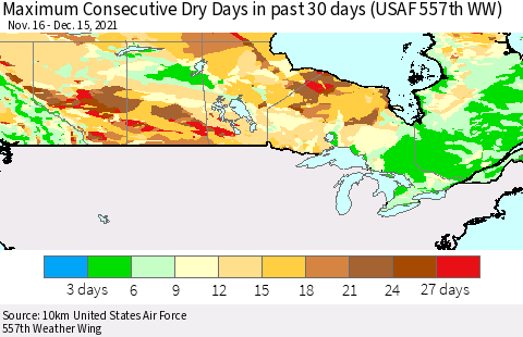 Canada Maximum Consecutive Dry Days in past 30 days (USAF 557th WW) 12/15/2021 Thematic Map For 12/11/2021 - 12/15/2021