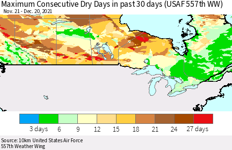 Canada Maximum Consecutive Dry Days in past 30 days (USAF 557th WW) 12/20/2021 Thematic Map For 12/16/2021 - 12/20/2021