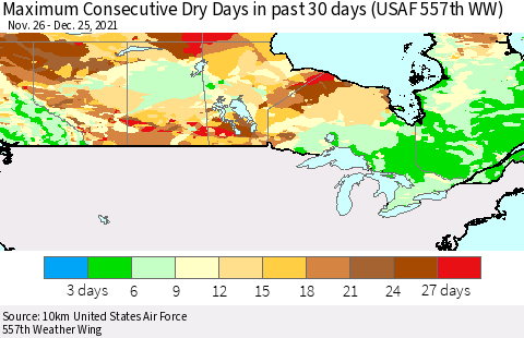 Canada Maximum Consecutive Dry Days in past 30 days (USAF 557th WW) 12/25/2021 Thematic Map For 12/21/2021 - 12/25/2021