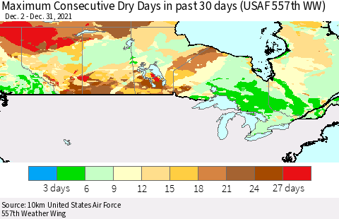 Canada Maximum Consecutive Dry Days in past 30 days (USAF 557th WW) 12/31/2021 Thematic Map For 12/26/2021 - 12/31/2021