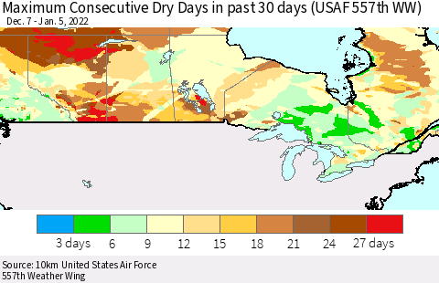 Canada Maximum Consecutive Dry Days in past 30 days (USAF 557th WW) 01/05/2022 Thematic Map For 1/1/2022 - 1/5/2022