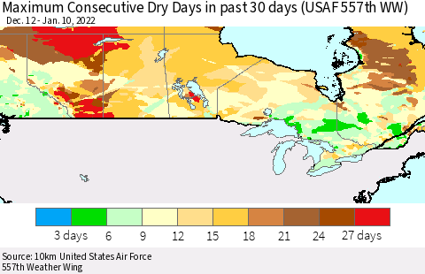 Canada Maximum Consecutive Dry Days in past 30 days (USAF 557th WW) 01/10/2022 Thematic Map For 1/6/2022 - 1/10/2022
