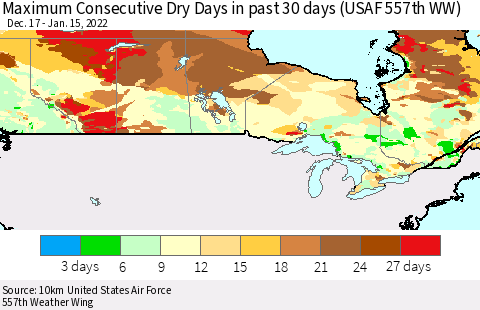 Canada Maximum Consecutive Dry Days in past 30 days (USAF 557th WW) 01/15/2022 Thematic Map For 1/11/2022 - 1/15/2022