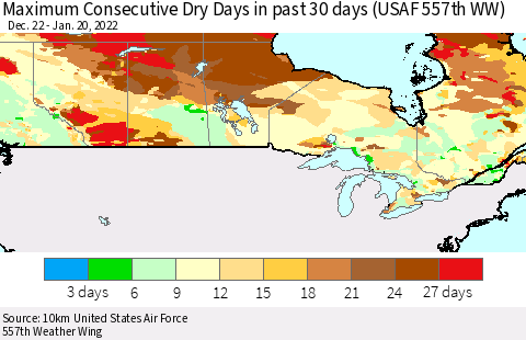 Canada Maximum Consecutive Dry Days in past 30 days (USAF 557th WW) 01/20/2022 Thematic Map For 1/16/2022 - 1/20/2022