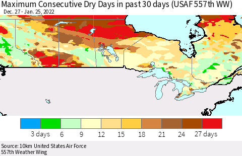 Canada Maximum Consecutive Dry Days in past 30 days (USAF 557th WW) 01/25/2022 Thematic Map For 1/21/2022 - 1/25/2022