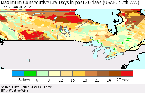 Canada Maximum Consecutive Dry Days in past 30 days (USAF 557th WW) 01/31/2022 Thematic Map For 1/26/2022 - 1/31/2022