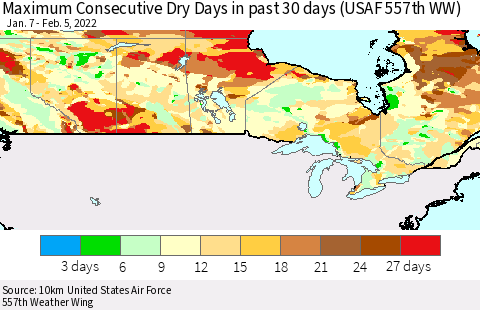 Canada Maximum Consecutive Dry Days in past 30 days (USAF 557th WW) 02/05/2022 Thematic Map For 2/1/2022 - 2/5/2022