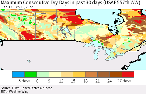 Canada Maximum Consecutive Dry Days in past 30 days (USAF 557th WW) 02/10/2022 Thematic Map For 2/6/2022 - 2/10/2022