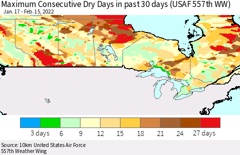 Canada Maximum Consecutive Dry Days in past 30 days (USAF 557th WW) 02/15/2022 Thematic Map For 2/11/2022 - 2/15/2022