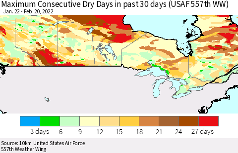 Canada Maximum Consecutive Dry Days in past 30 days (USAF 557th WW) 02/20/2022 Thematic Map For 2/16/2022 - 2/20/2022