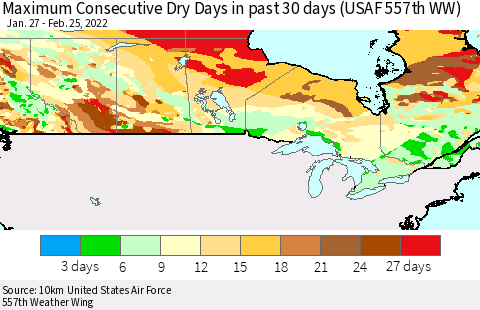 Canada Maximum Consecutive Dry Days in past 30 days (USAF 557th WW) 02/25/2022 Thematic Map For 2/21/2022 - 2/25/2022