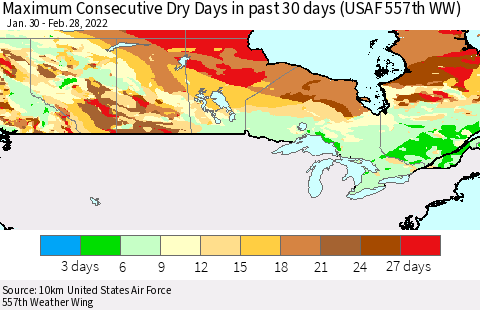 Canada Maximum Consecutive Dry Days in past 30 days (USAF 557th WW) 02/28/2022 Thematic Map For 2/26/2022 - 2/28/2022