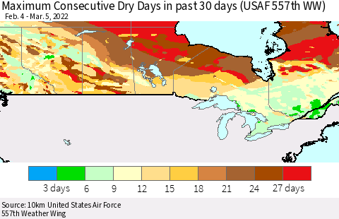 Canada Maximum Consecutive Dry Days in past 30 days (USAF 557th WW) 03/05/2022 Thematic Map For 3/1/2022 - 3/5/2022