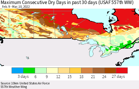 Canada Maximum Consecutive Dry Days in past 30 days (USAF 557th WW) 03/10/2022 Thematic Map For 3/6/2022 - 3/10/2022