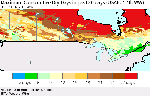 Canada Maximum Consecutive Dry Days in past 30 days (USAF 557th WW) 03/15/2022 Thematic Map For 3/11/2022 - 3/15/2022
