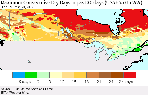 Canada Maximum Consecutive Dry Days in past 30 days (USAF 557th WW) 03/20/2022 Thematic Map For 3/16/2022 - 3/20/2022